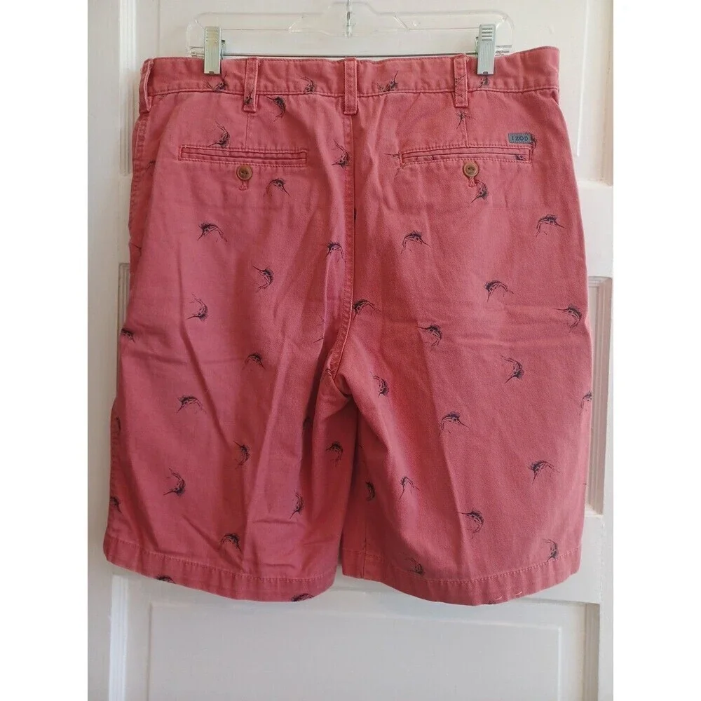 Izod red swordfish print shorts mens 36 cotton preppy beach coastal golf